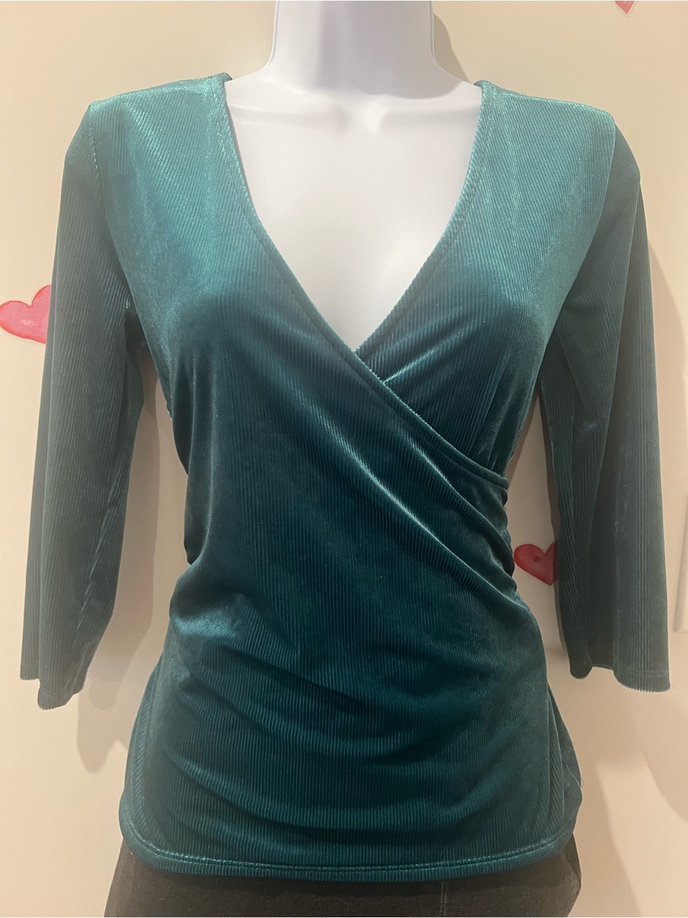 Velvet Wrap V-Neck Top in Dark Green